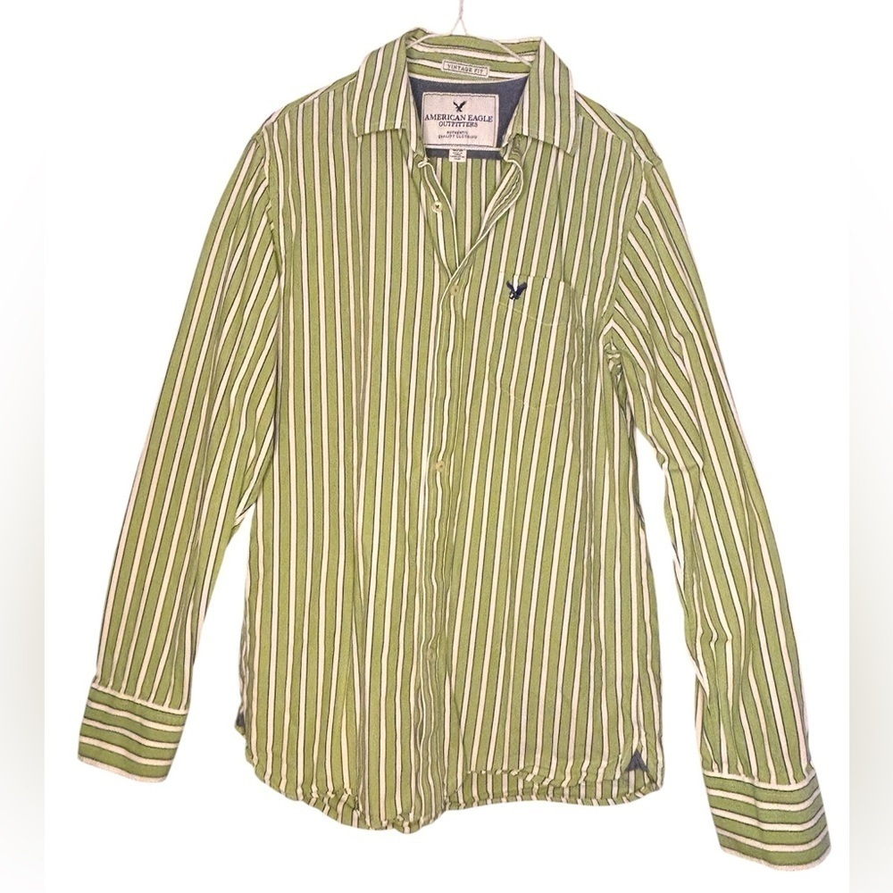American Eagle Outfitters Men's Olive Striped Button-Down Shirt
